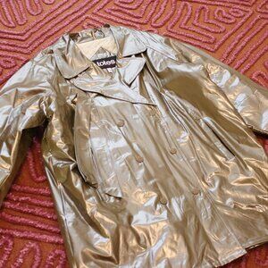 Vintage 1990s Vinyl Metalic Silver Pewter quilted raincoat mac w tags deadstock